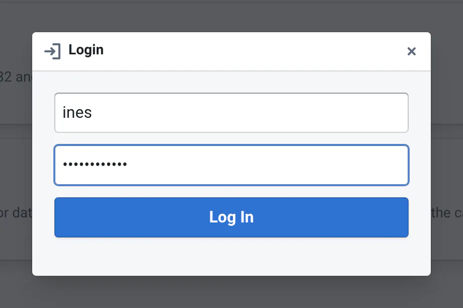 The Login dialog over the projects list: a user name field with "ines", a password field, and a Log In button.
