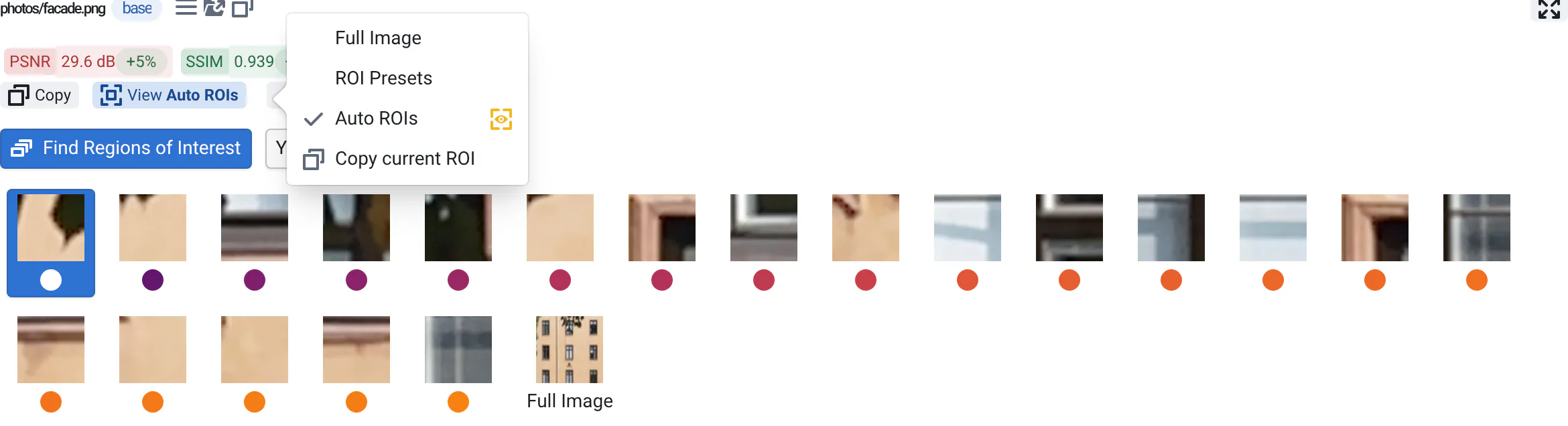 The View ROIs menu open over the facade run, with Full Image, ROI Presets and Auto ROIs checked; below it, thumbnails of the twenty regions where new and reference differ most, found automatically, a dot colored by how much.