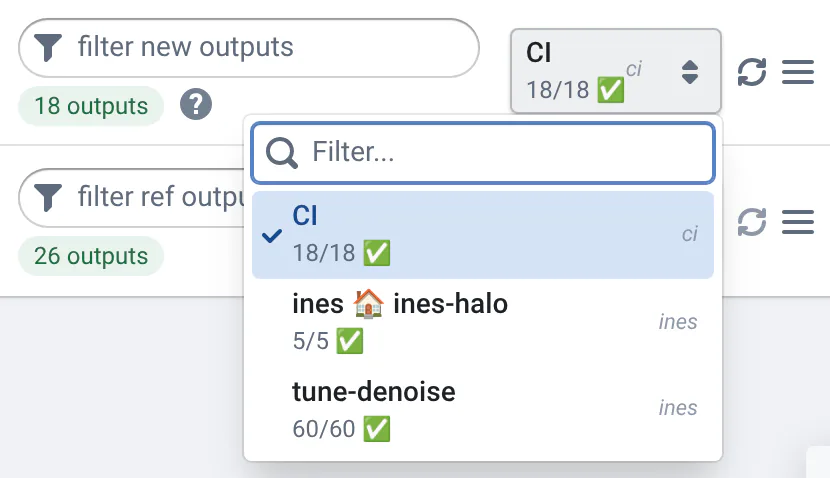 The new commit's batch selector open: the CI batch, run by ci, 18 of 18 runs successful; ines 🏠 ines-halo, Ines's local runs, 5 of 5; and the tune-denoise tuning experiment, 60 of 60.