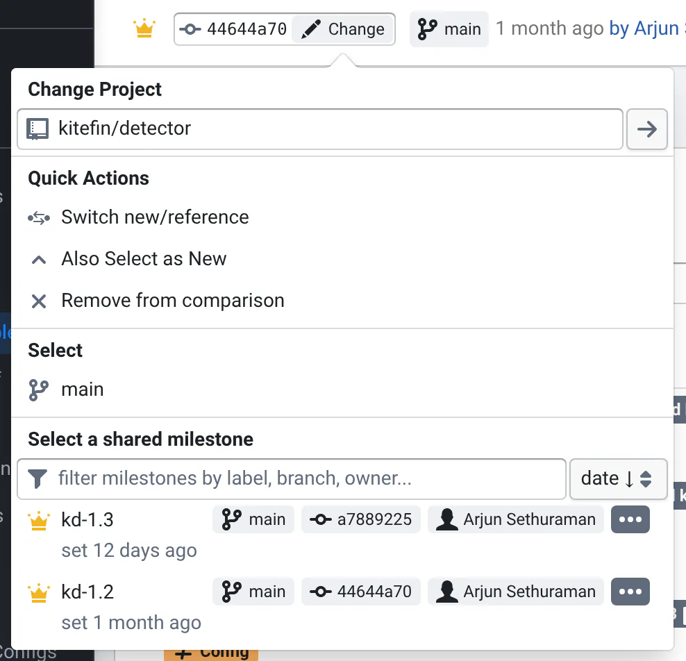 The reference commit's Change menu: a project box, Switch new/reference, Also Select as New, Remove from comparison, then the reference branch main and the shared milestones kd-1.3 and kd-1.2 with their commits.