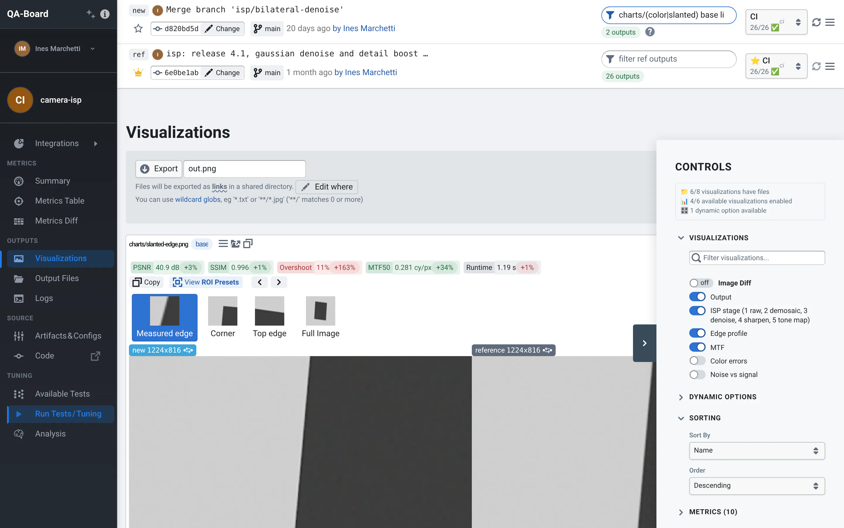 The Controls panel open on the right of the run cards: an Image Diff switch, a switch per visualization, including the hidden Color errors and Noise vs signal, and the sorting options.