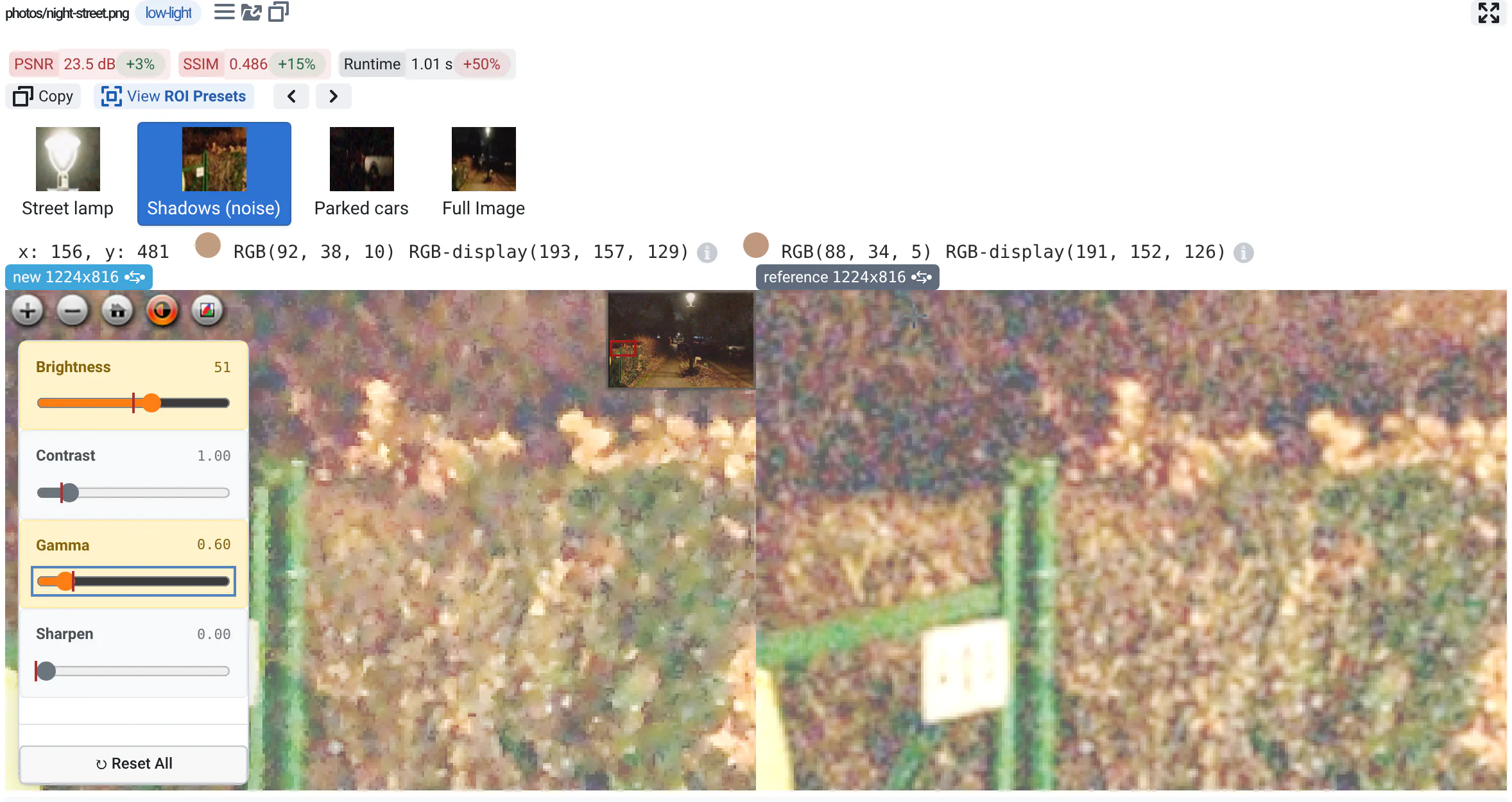 The Image Tools panel over the night street's shadows, with brightness raised and gamma lowered: the noise of both images shows.