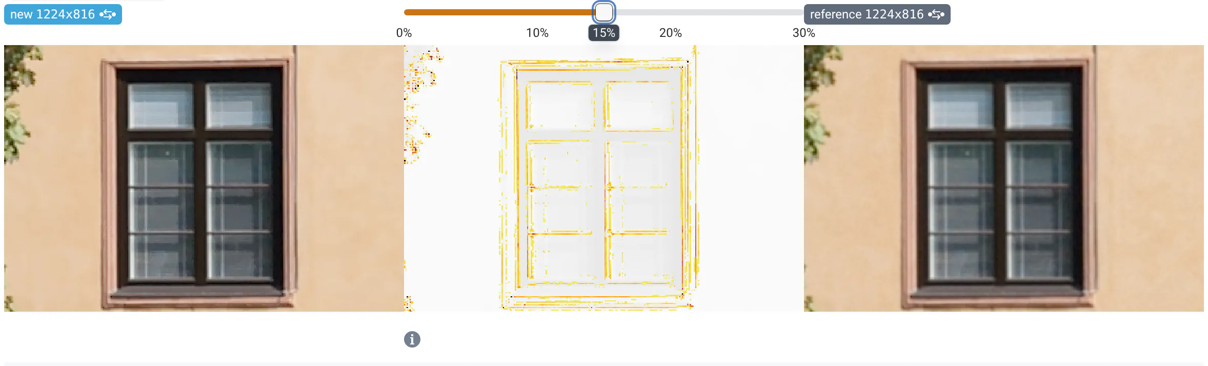 New image, Image Diff and reference image of the facade window: in the diff, the window frame's edges show in yellow and orange, the flat wall stays white.