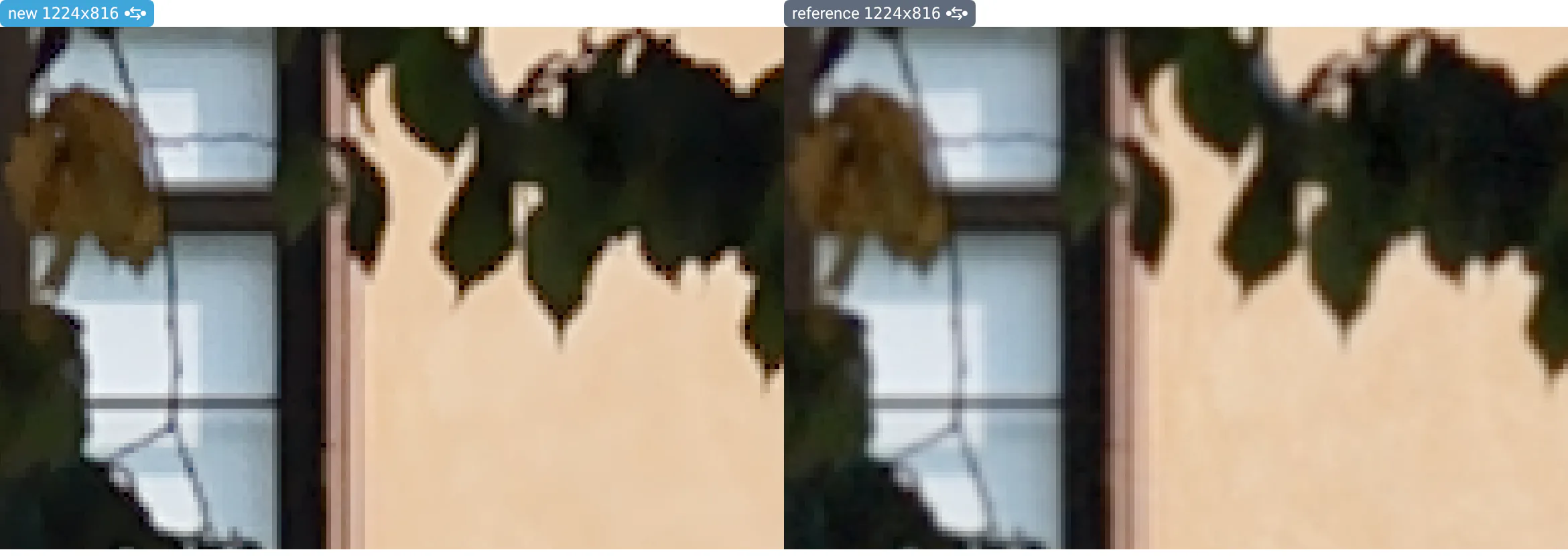 New and reference images of the facade, zoomed on leaves in front of the wall: in the new image, dark halos outline every leaf.