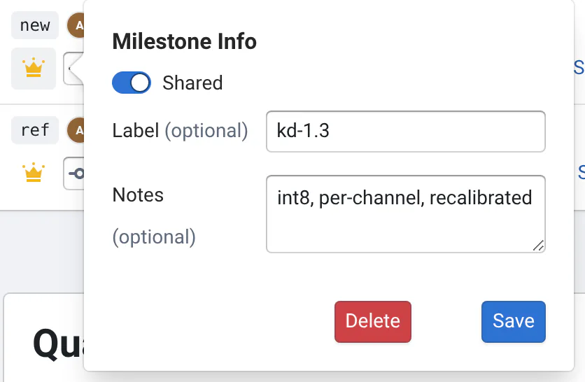 The milestone dialog of the kd-1.3 release commit, opened from the crown next to its hash: Shared on, the label kd-1.3, the notes "int8, per-channel, recalibrated", and the Delete and Save buttons.