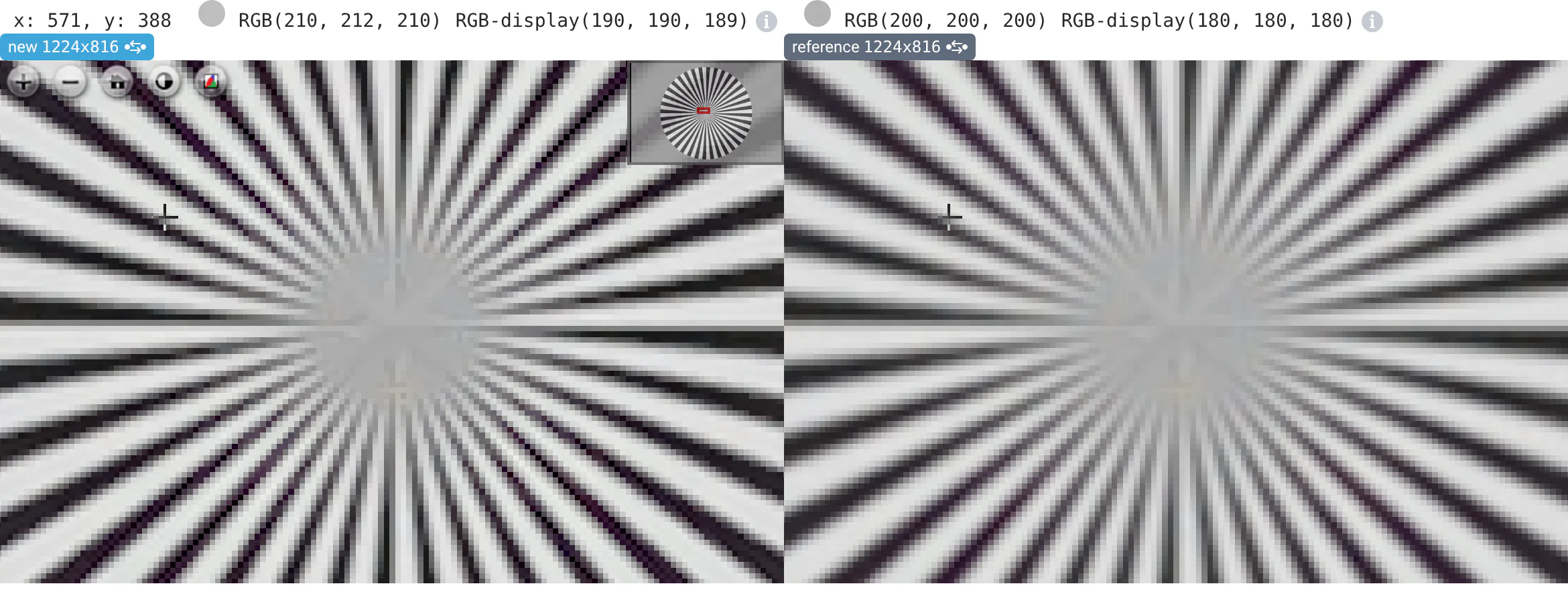 The center of a Siemens star, new and reference: above the images, the hovered pixel's coordinates and its RGB values in both images; crosshairs mark the pixel on both.