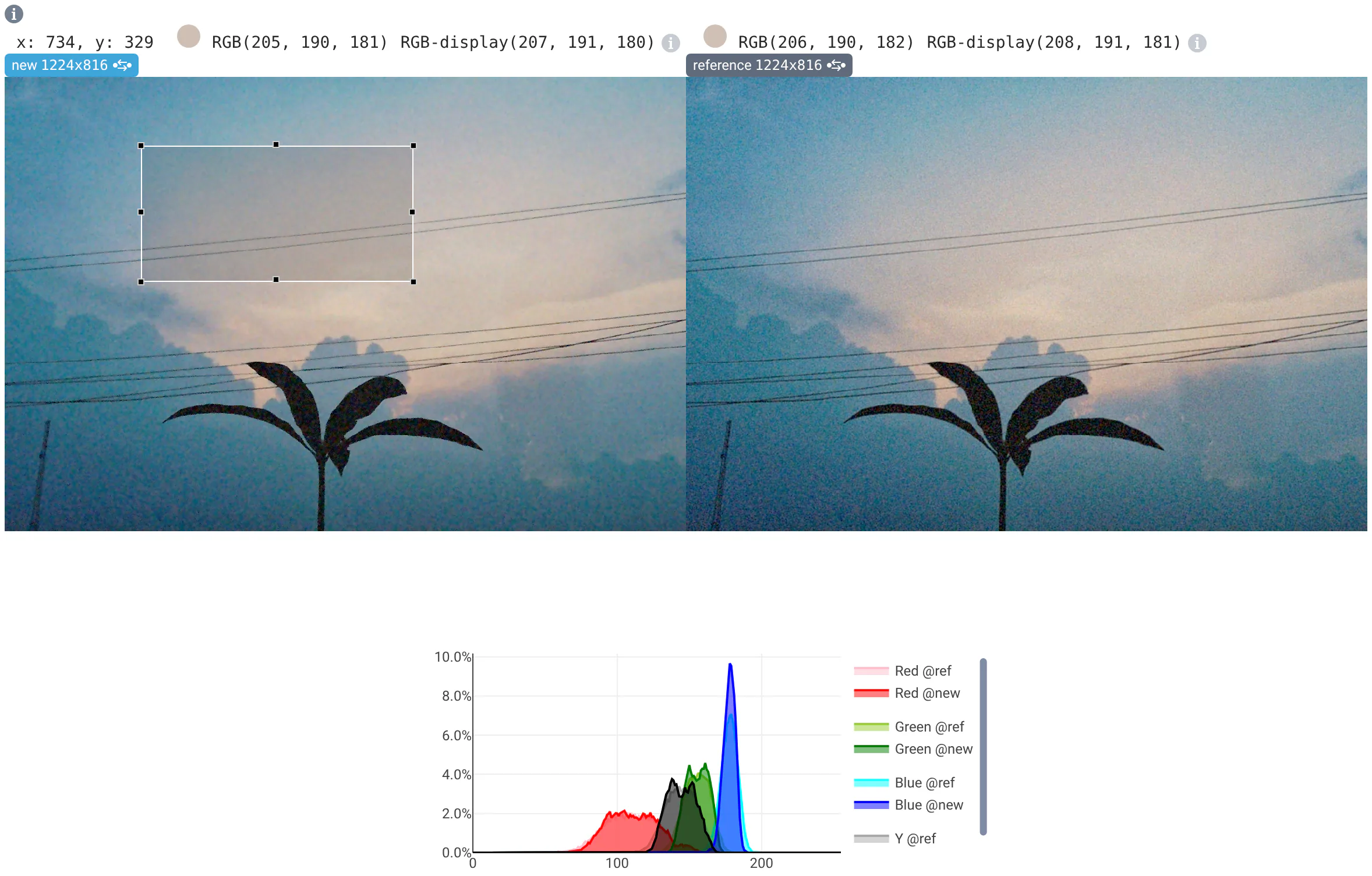 A rectangle selected on the sky gradient; below the images, the red, green, blue and luma histograms of the region, new and reference overlaid.
