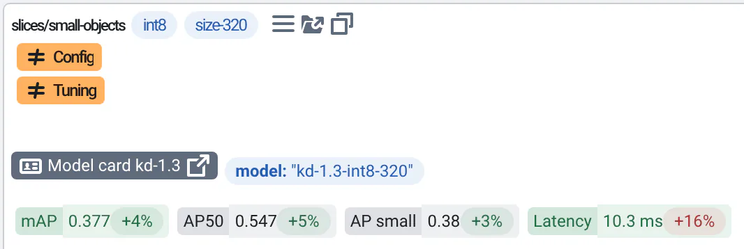 The header of a run card: the input slices/small-objects with its int8 and size-320 configuration tags, Config and Tuning tags in orange, then a "Model card kd-1.3" badge with a link icon next to the run's model parameter, and its metrics against the reference.