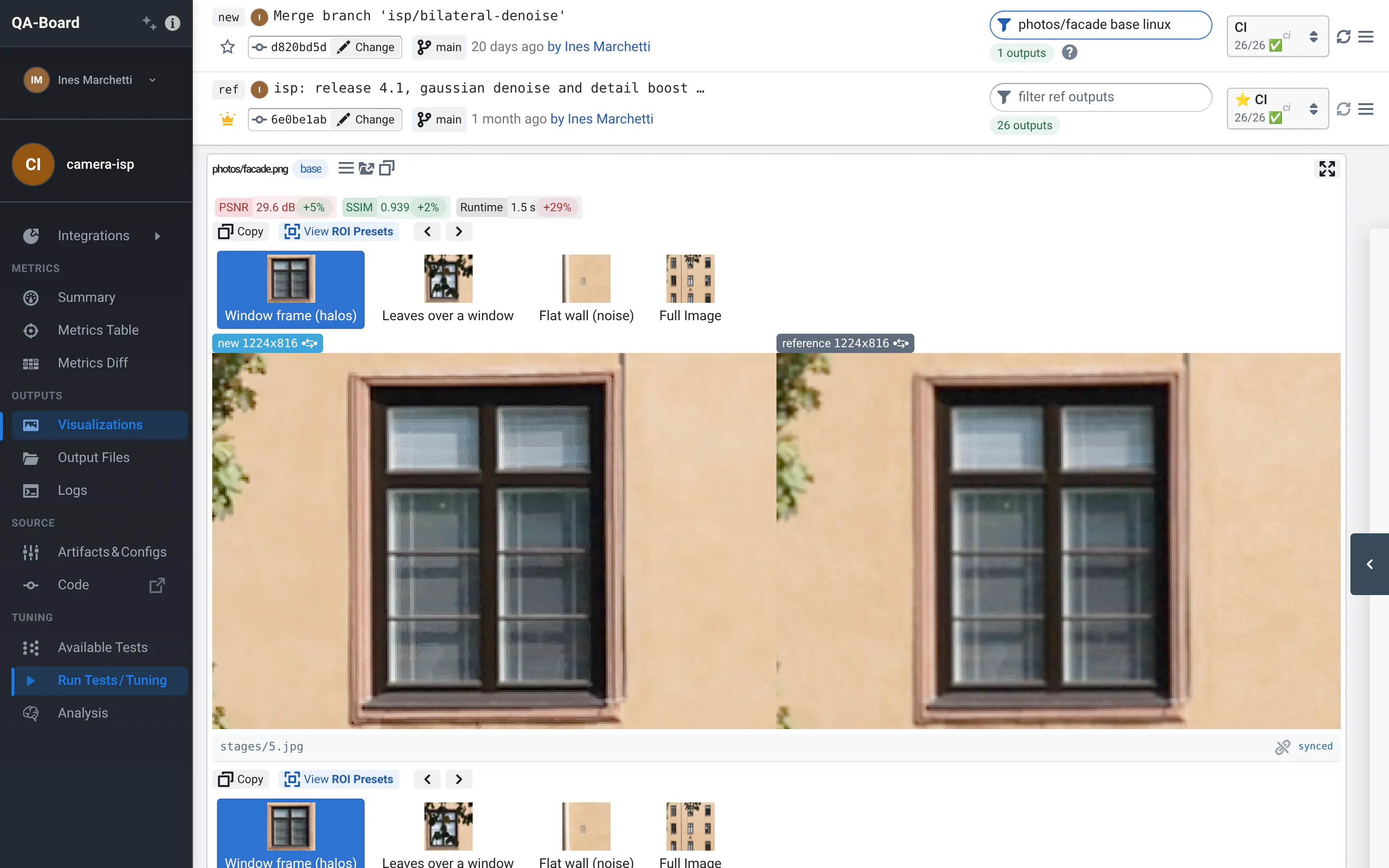 A run card of the facade photo: PSNR, SSIM and runtime with their changes against the reference, preset regions of interest, and the new and reference images side by side, zoomed on a window.