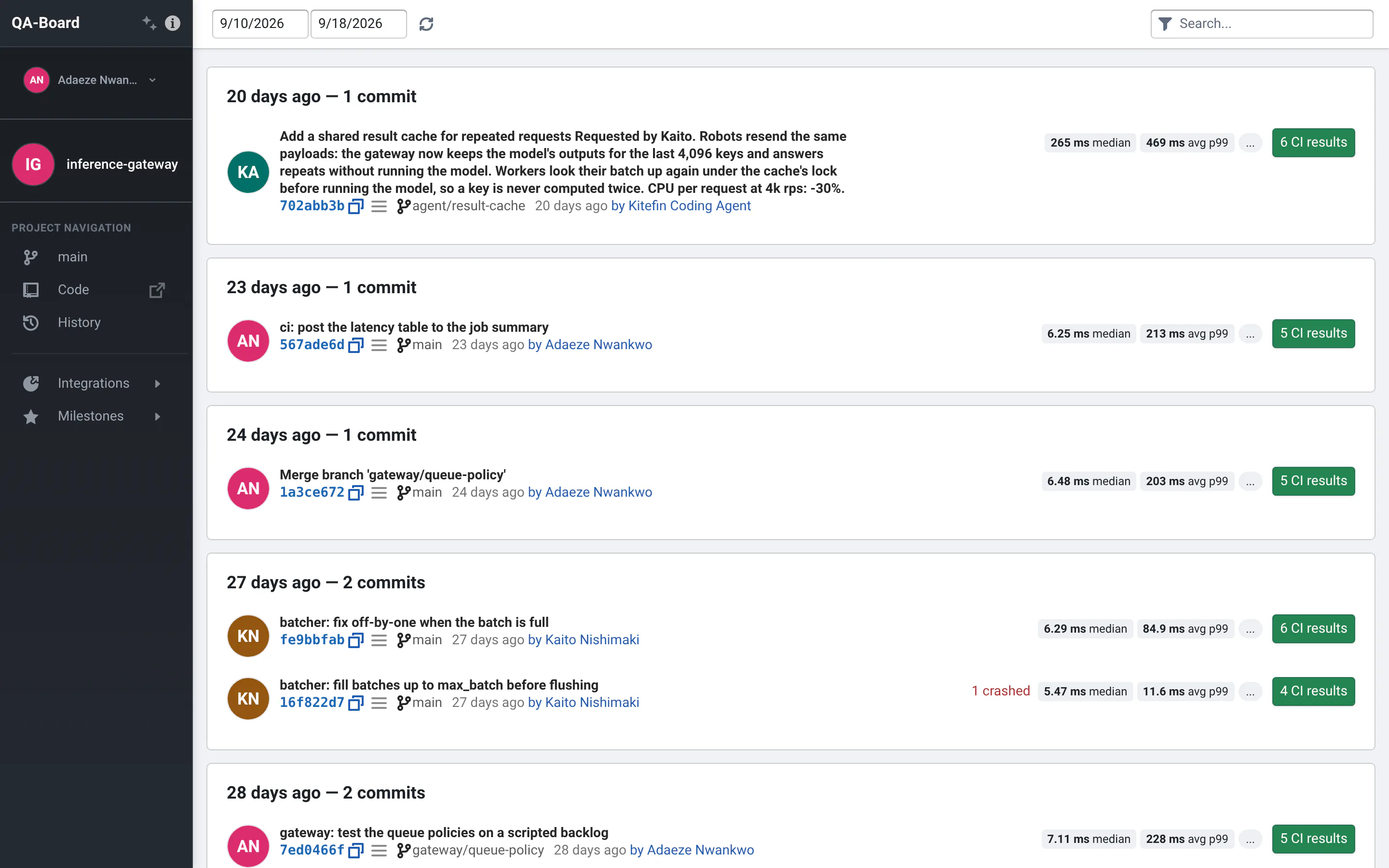The inference gateway's commits from all branches, grouped by day: each with its message, author, branch, the median and p99 of its CI batch, and "1 crashed" in red on the batcher change that panics under bursts.