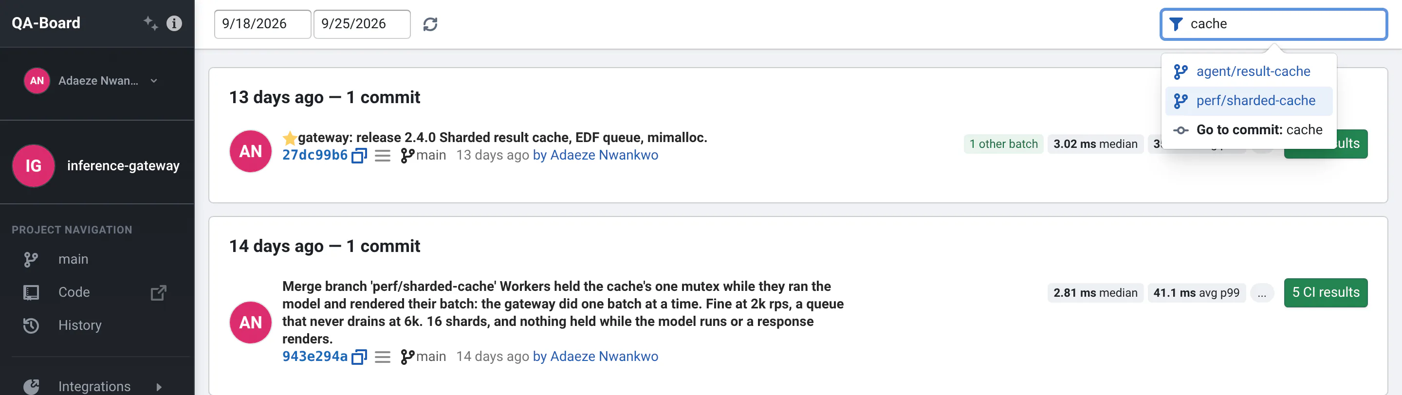 The filter box of the commits page with "cache" typed in: it suggests the agent/result-cache and perf/sharded-cache branches, and "Go to commit: cache"; below, only the commits that mention the cache.