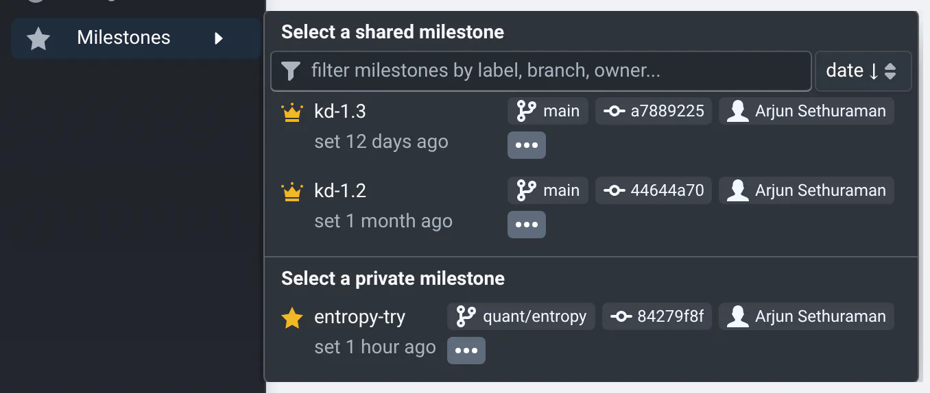 The sidebar's Milestones menu on the detector's commits: the shared milestones kd-1.3 and kd-1.2, each with its branch, commit and author, then a private milestone, entropy-try, on the quant/entropy branch.
