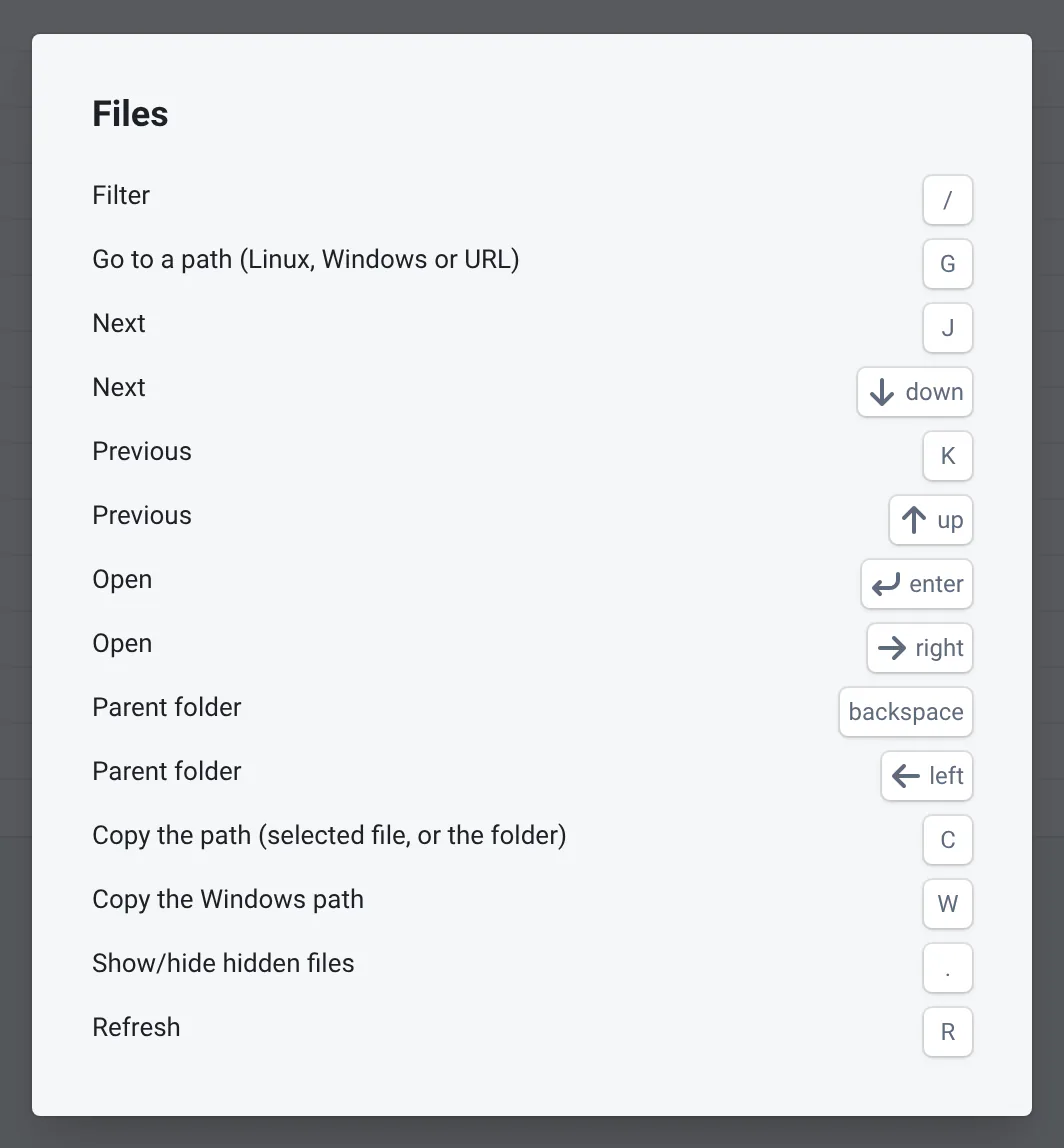The keyboard shortcuts dialog of the file browser: filter, go to a path, next and previous, open, parent folder, copy the path, show hidden files, refresh.