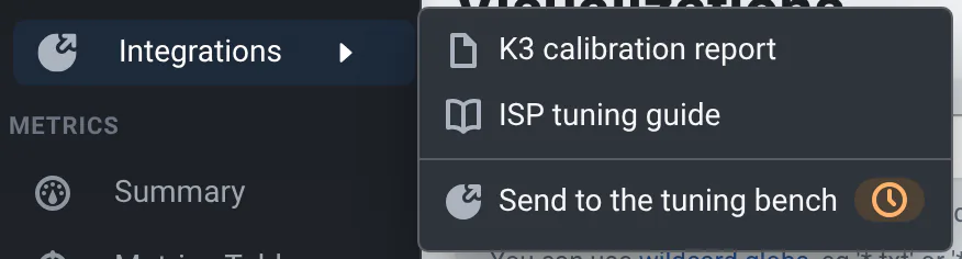 The sidebar's Integrations menu open on a commit: links to the K3 calibration report and the ISP tuning guide, and the "Send to the tuning bench" webhook, with a status tag saying its job is queued.