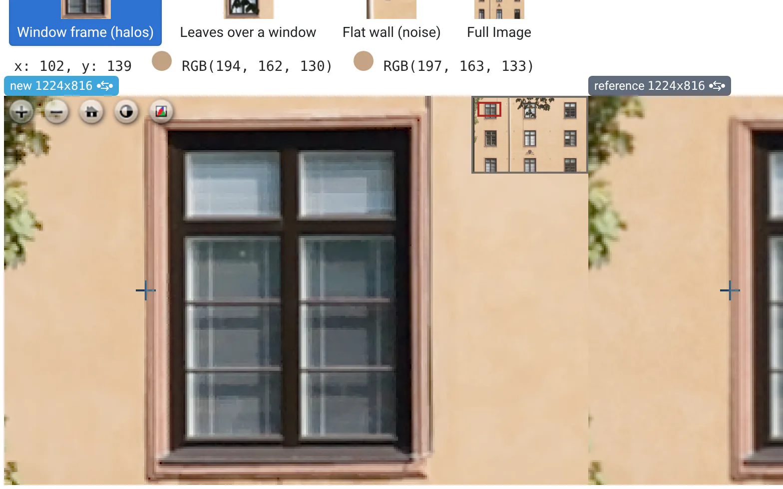 The facade's window frame, new and reference images: above them, the hovered pixel's coordinates and its RGB values in both images, with their colors; crosshairs mark the pixel in both.