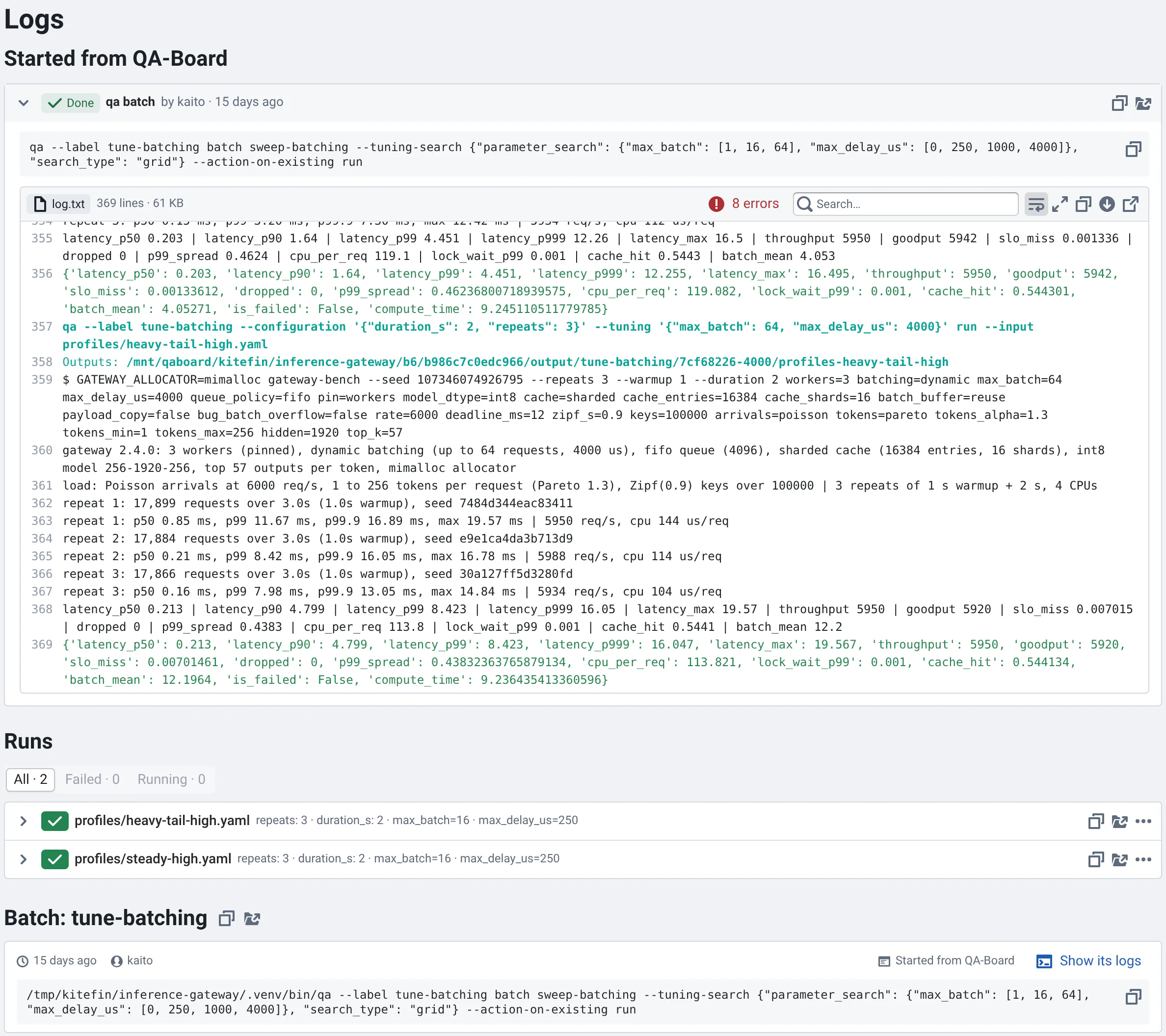 The Logs view of the tune-batching sweep: under "Started from QA-Board", the qa batch command kaito's tuning request ran, with its grid of max batch and max delay, and the end of its log; then the two runs left by the filter, and the Batch section with the command again.