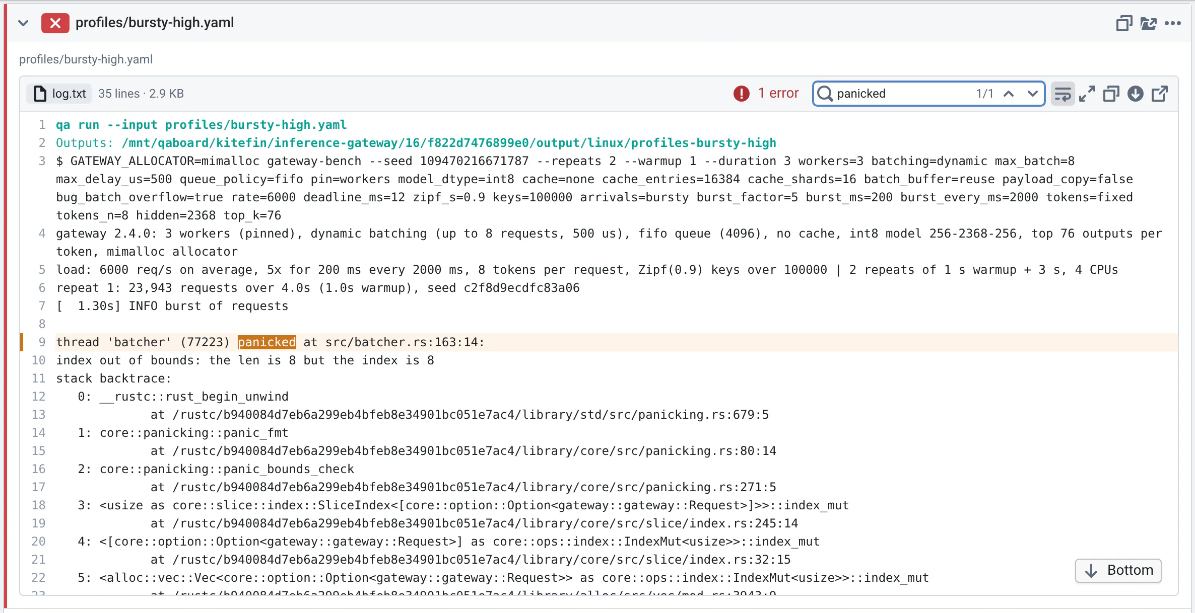 The Logs view of the batcher change, its crashed bursty-high run open: searching the log for "panicked" highlights the panic, an index out of bounds in src/batcher.rs at line 163, then its backtrace.