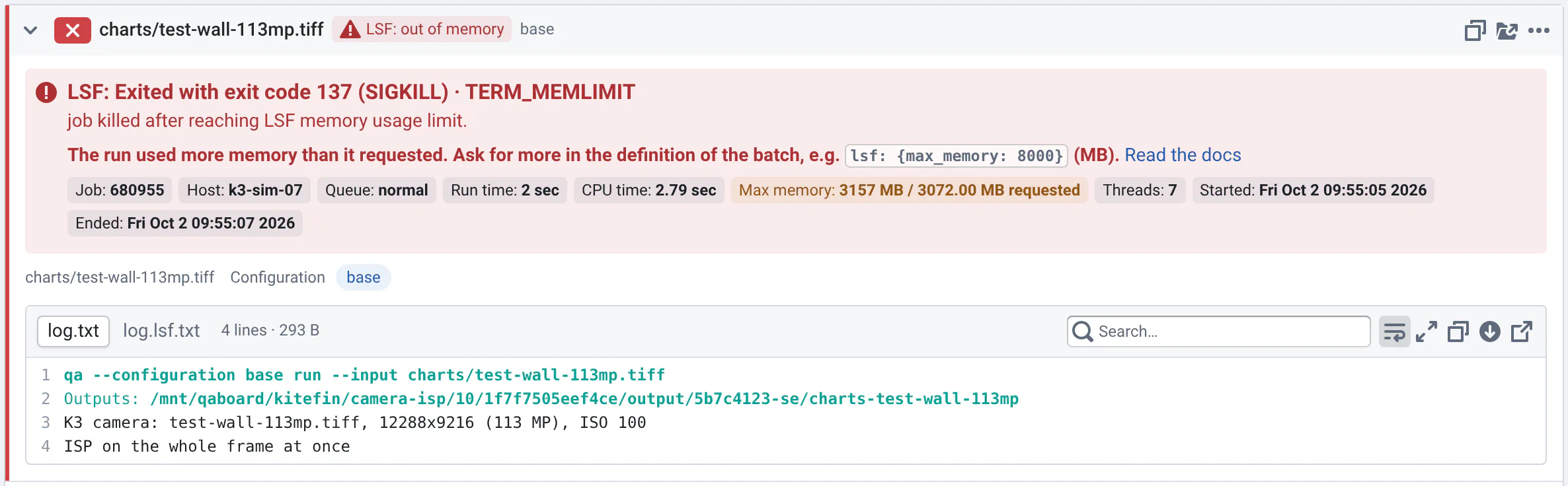 The Logs view with the 113 MP test wall's run open: tagged "LSF: out of memory", a red summary says the job was killed at its memory limit (TERM_MEMLIMIT), 3113 MB used for 3072 MB requested, and how to ask for more.