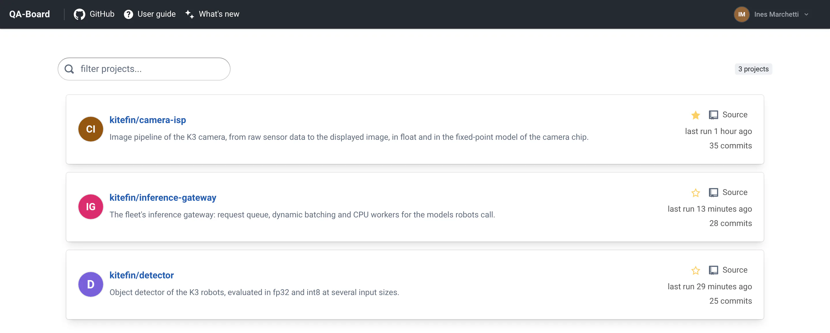 The QA-Board home page: a filter box, then a card per Kitefin project with its avatar, name, description, a star to pin it, a link to its source, when it last ran and how many commits have results.