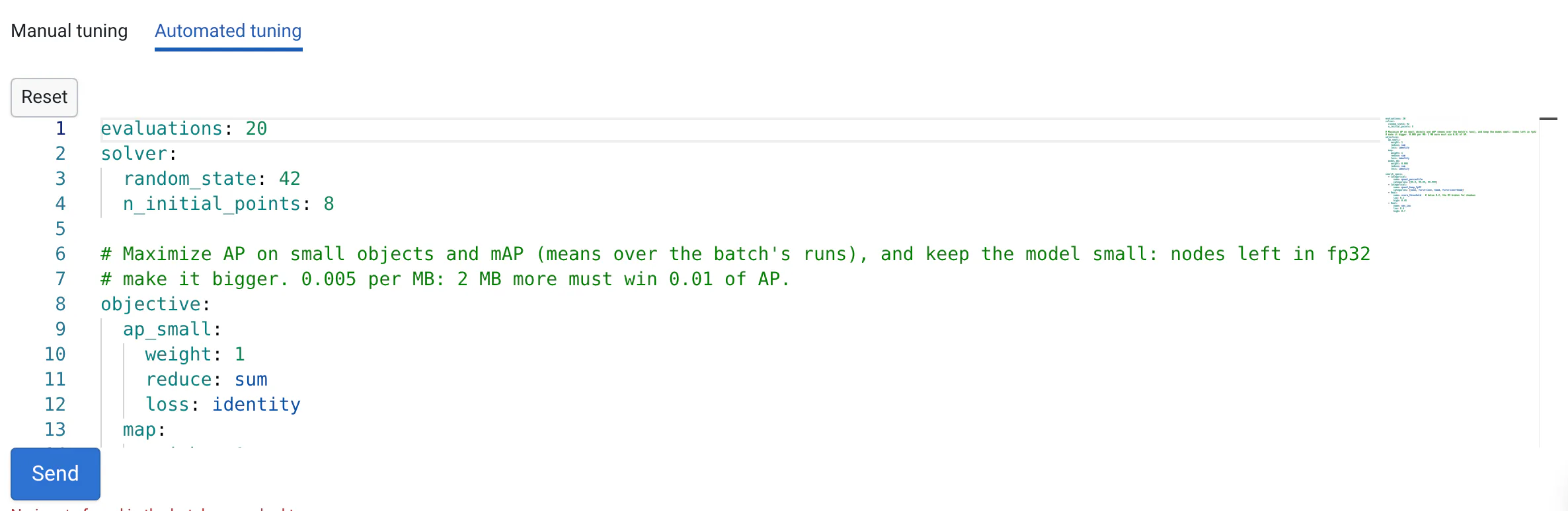 The Automated tuning tab of the Run Tests / Tuning form, with the int8 model's tuning in YAML: 20 evaluations, the solver's seed and 8 initial points, then the objective, AP small and mAP; the Send button below.