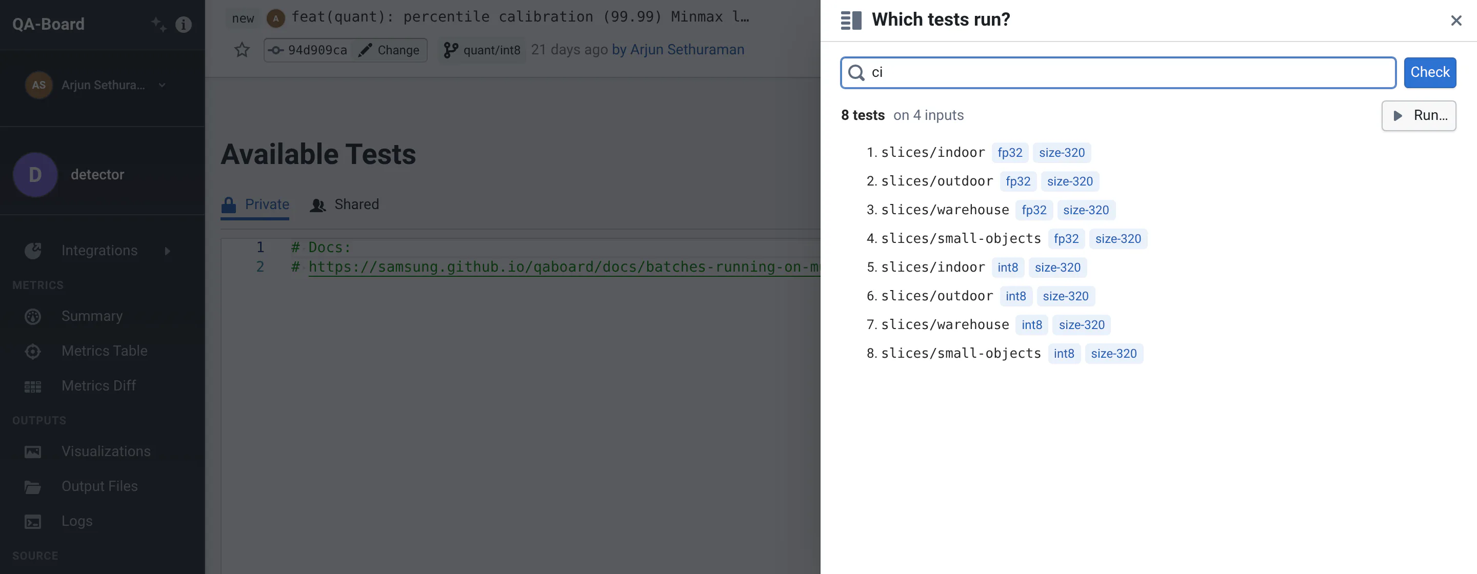 The "Which tests run?" panel over the Available Tests view: the ci batch resolves to 8 tests on 4 inputs, the indoor, outdoor, warehouse and small-objects slices, each with the fp32 and the int8 model at size 320.