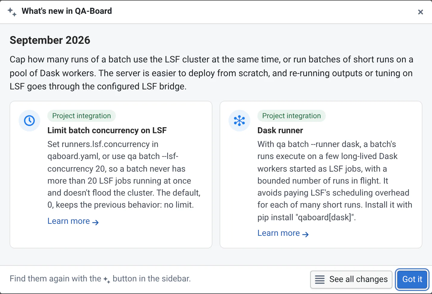 The "What's new in QA-Board" dialog over the projects list: the latest release note's summary, its highlights as cards with an icon, an audience tag and a link to the docs, and the See all changes and Got it buttons.