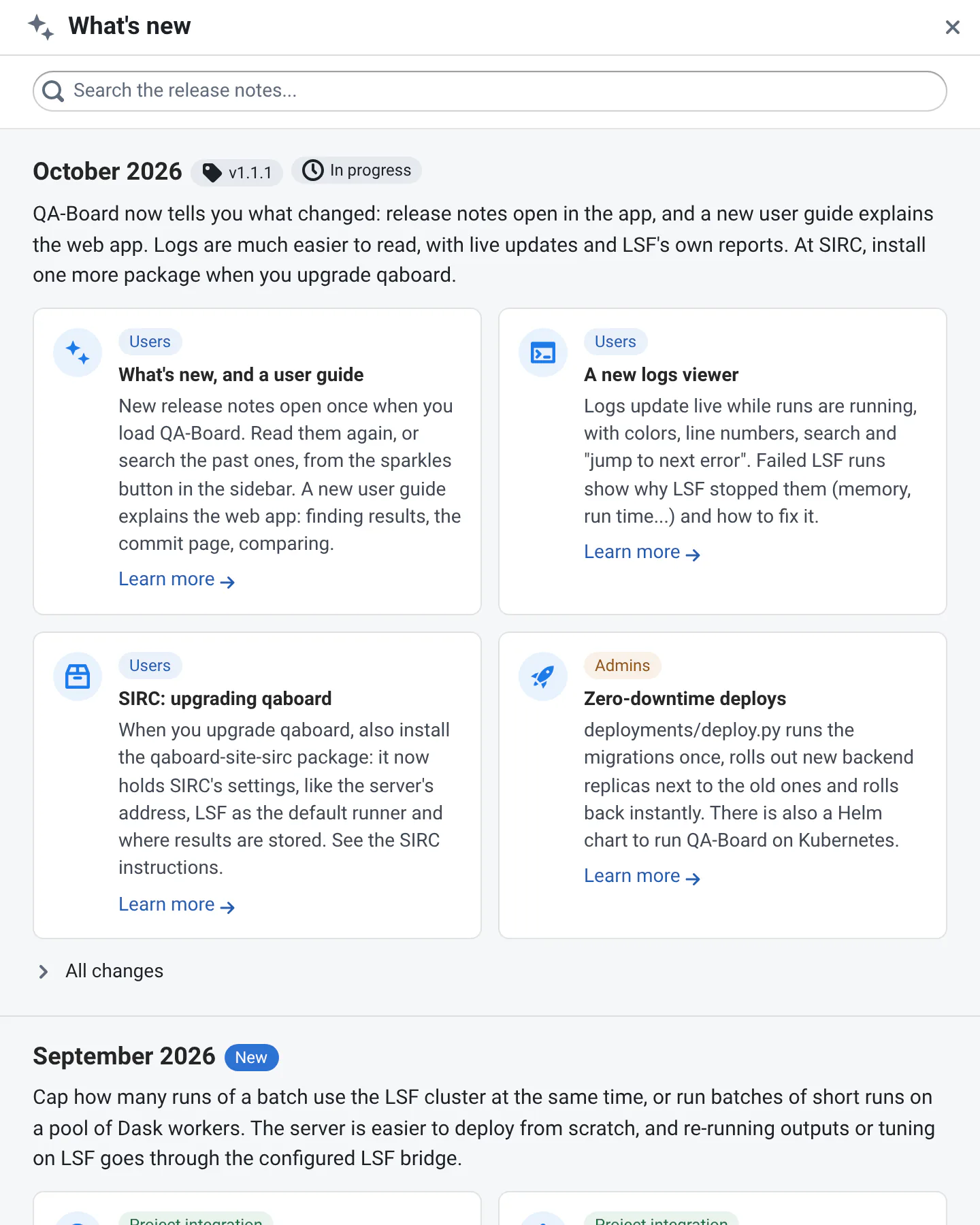 The What's new panel: a search box, then the release notes newest first. The current month's note is tagged In progress and open on its highlights; the notes not seen yet are tagged New.